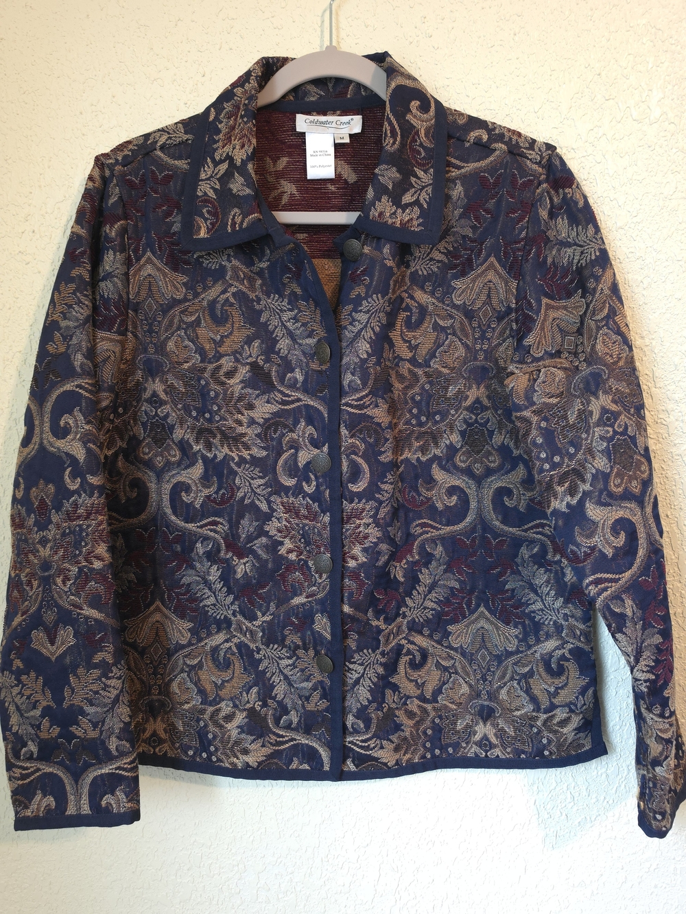 Coldwater Creek Tapestry Paisley Jacket Size M Navy Gold Burgundy Artsy Boho